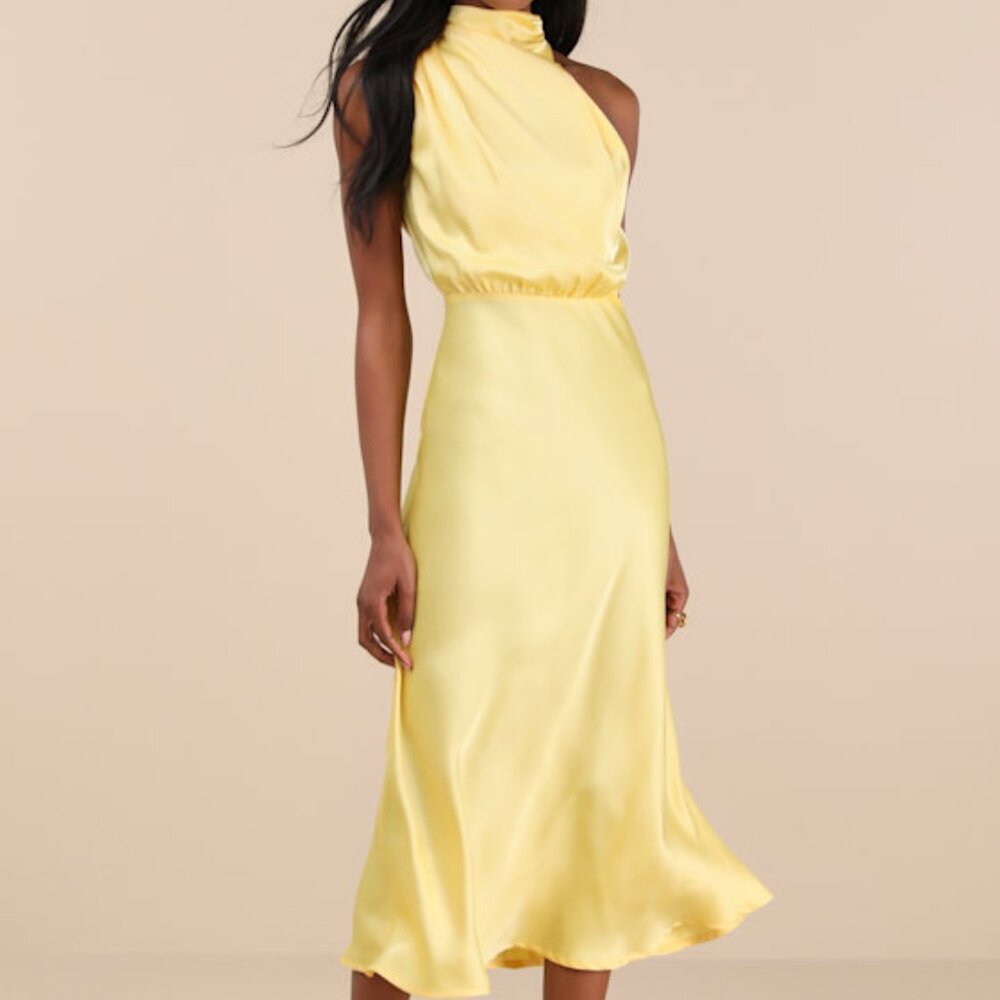 NWT Lulus Distinctive Charm Butter Yellow Satin Asymmetrical Midi Dress - Size S